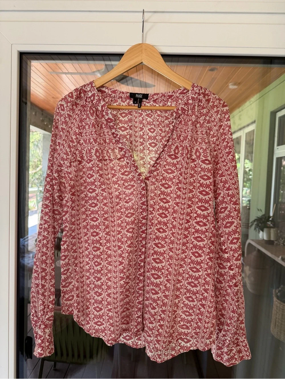 PAIGE Red and White Printed Long-Sleeve V-Neck Blouse